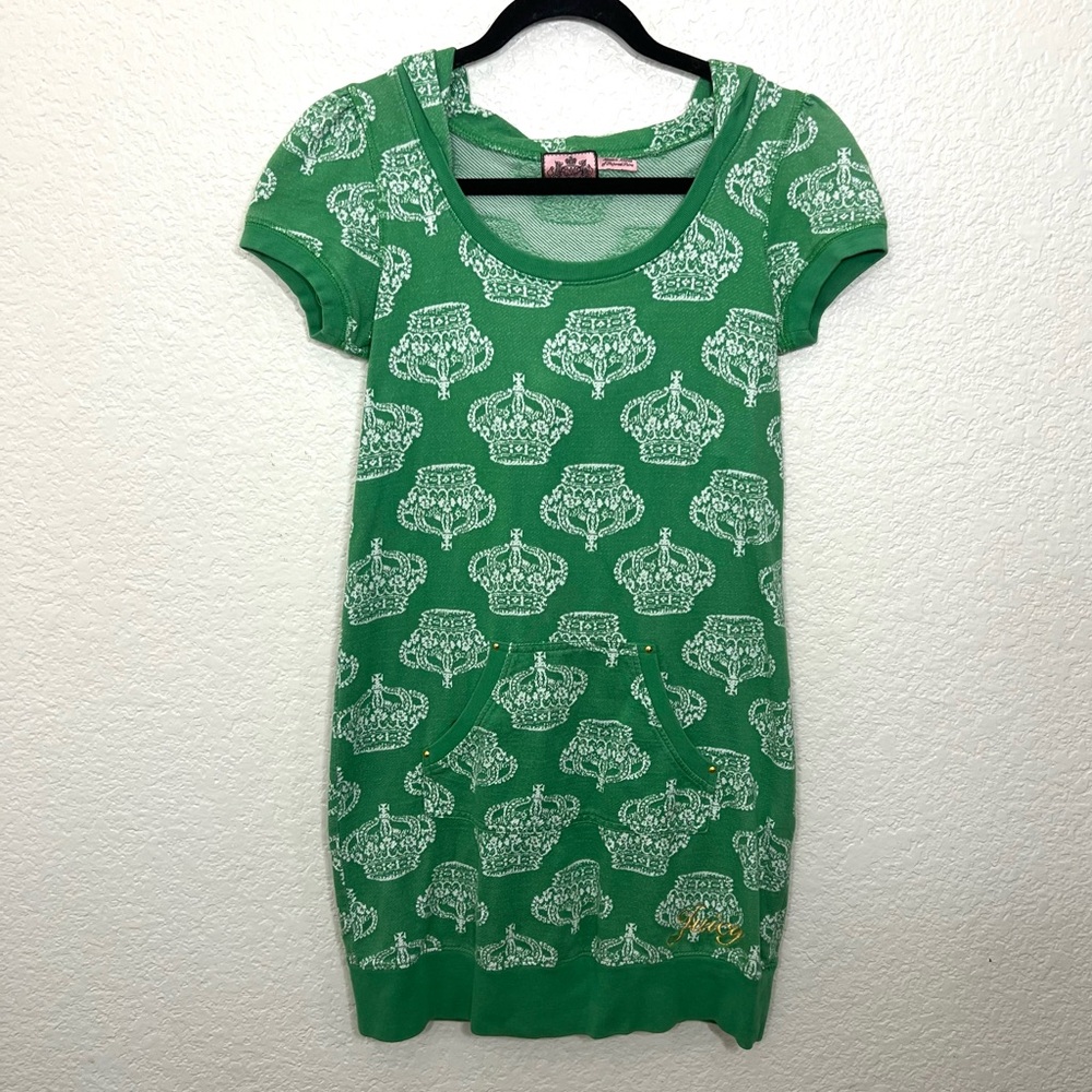 Vintage Y2K Juicy Couture Green Hoodie Sweatshirt Dress Crown Print Size S